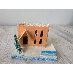 Vintage putz mica paper Orange adobe house village flocked tree Japan Xmas decor